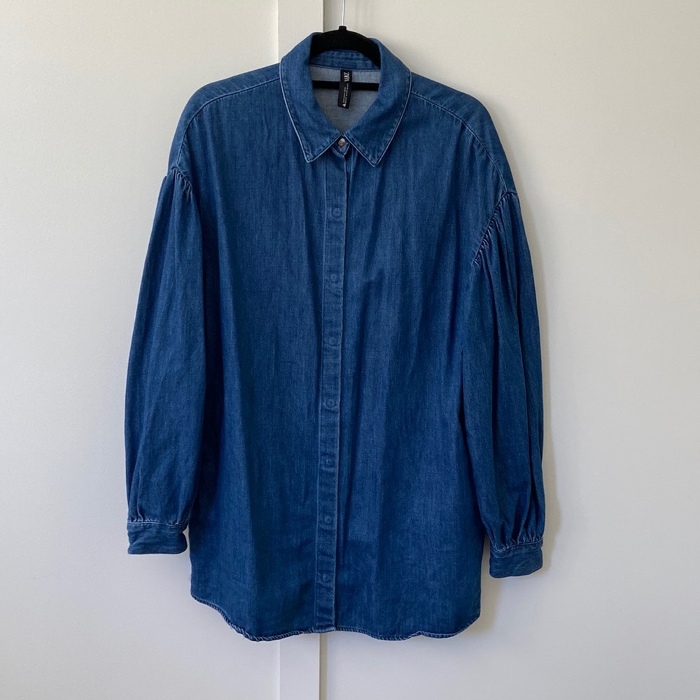 Zara Balloon Sleeve Denim Shirt Dress